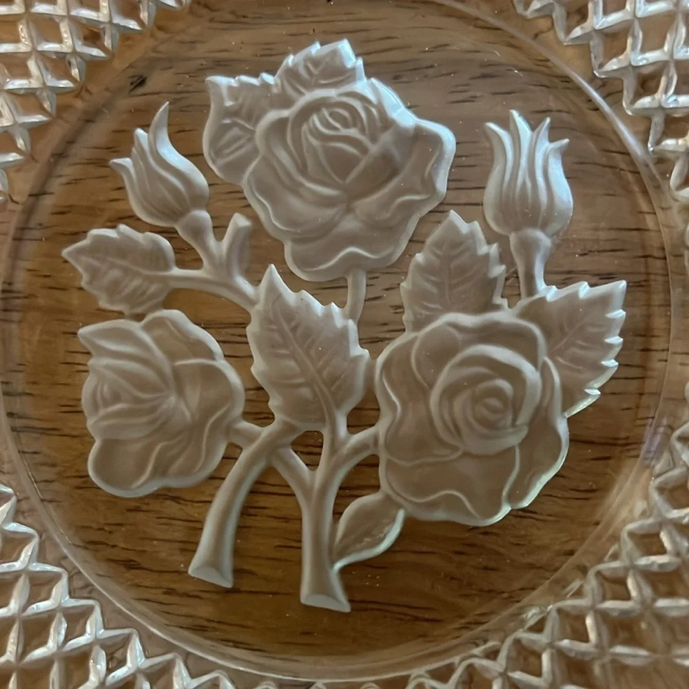 Vintage IMPERIAL GLASS Laced Rim Frosted Intaglio Rose Pressed Diamond Pattern